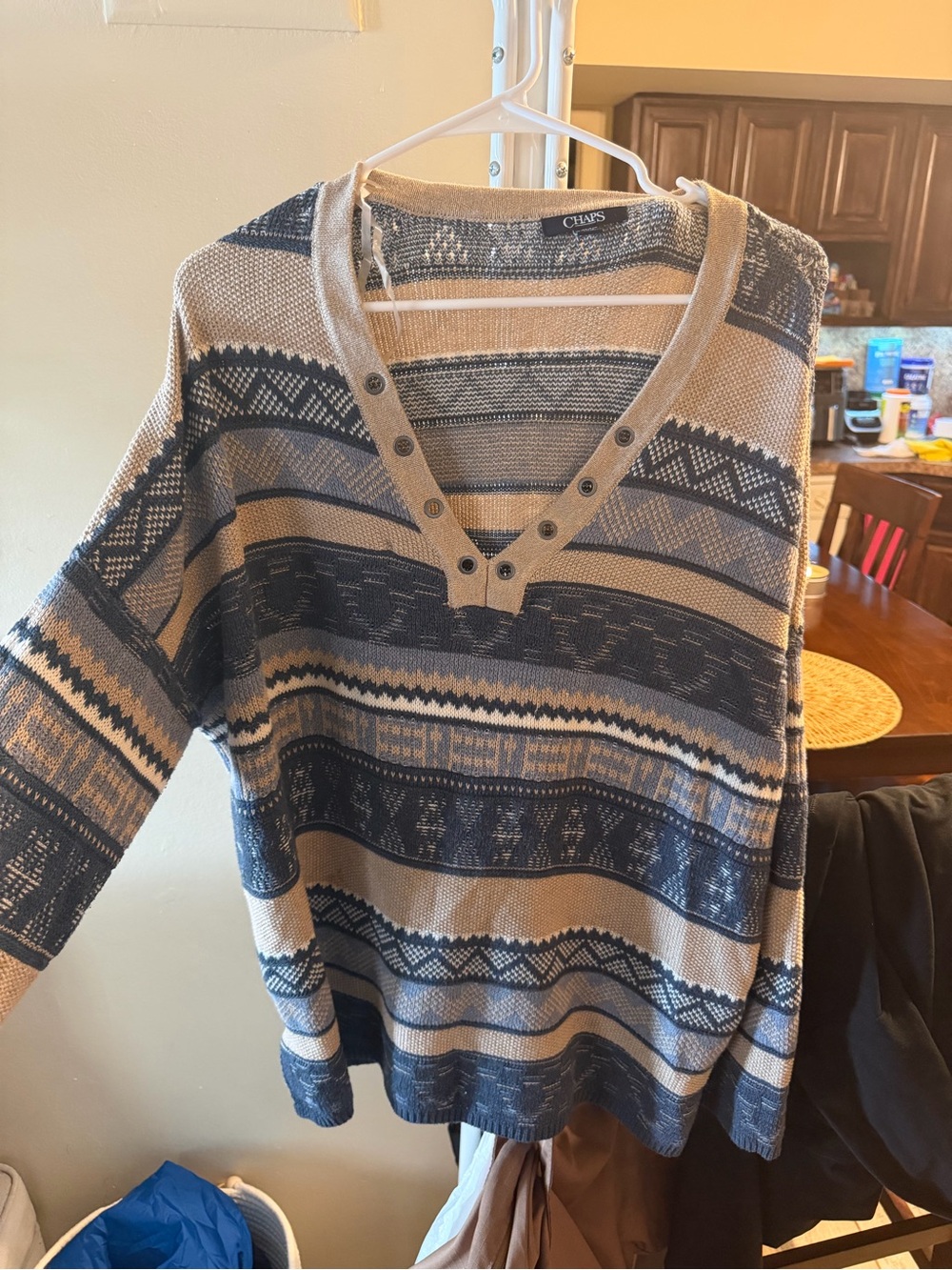 Chaps Women's Navy and Tan Striped Pattern V-Neck Sweater